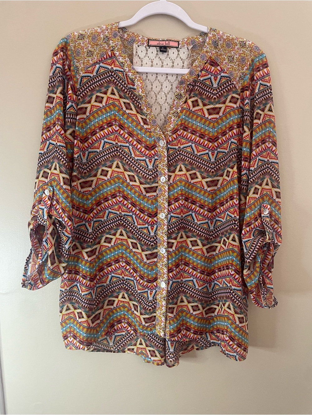 Olive Hill Boho Prairie Semi Sheer Button Front Blouse Lace Back Detail Size L